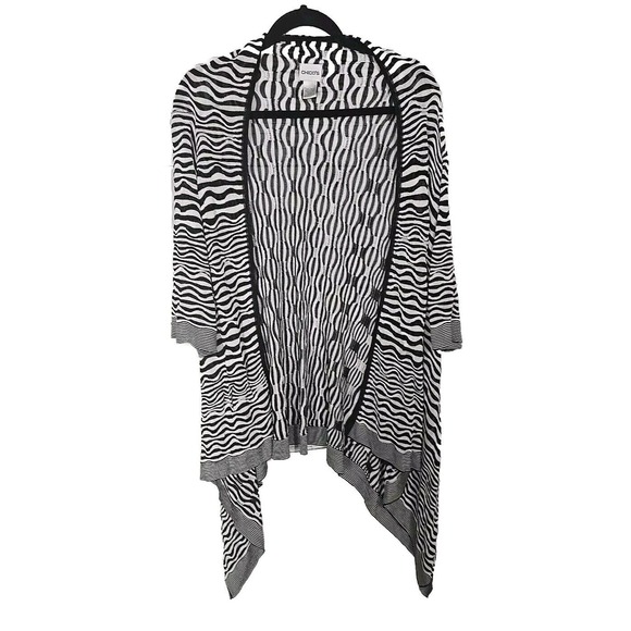 Chico's Black Striped Open Front Handkerchief Hem Cardigan Sweater Women Sz 2 Lg - Picture 1 of 3